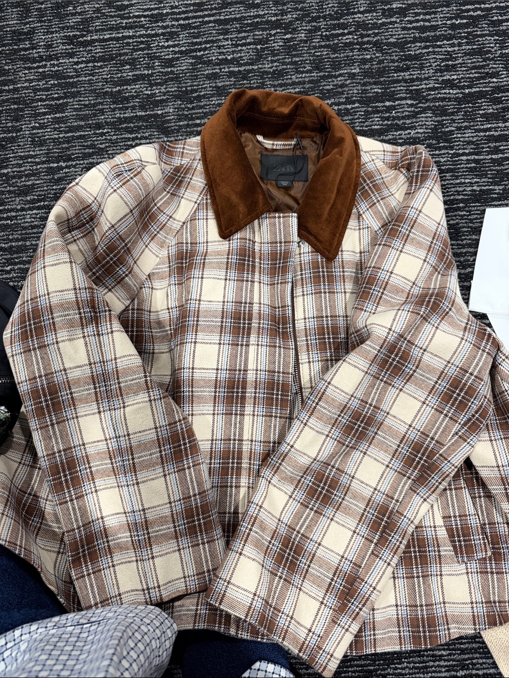 Zara Brown & Cream Plaid Pea Coat with Corduroy Collar
